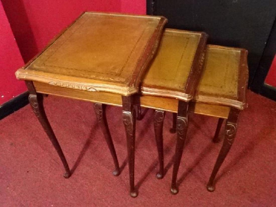 3 PC ANTIQUE STACKING TABLES, GILT EMBOSSED LEATHER (1 of 6)