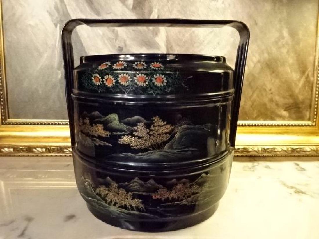 CHINESE WOOD WEDDING BASKET, 3 TIERS, BLACK ENAMEL WITH (1 of 6)