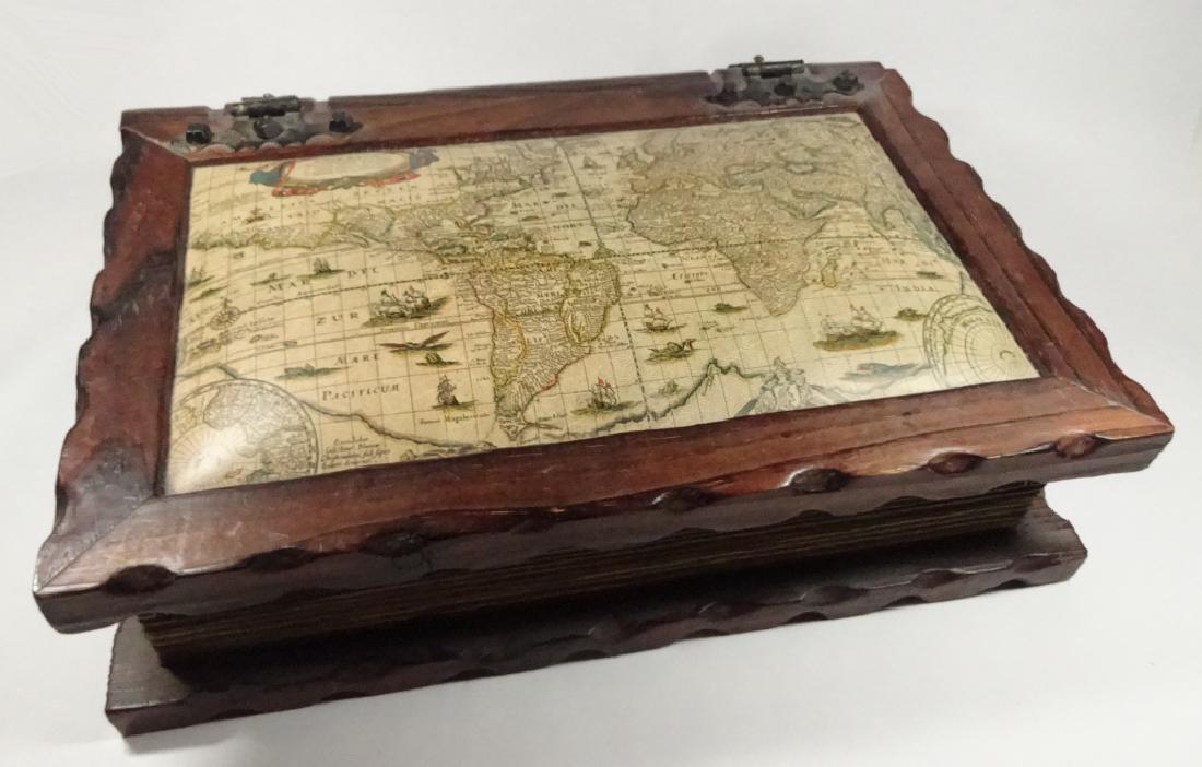 LARGE CARVED WOOD JEWELRY BOX, LINED, WORLD MAP DESIGN (1 of 8)
