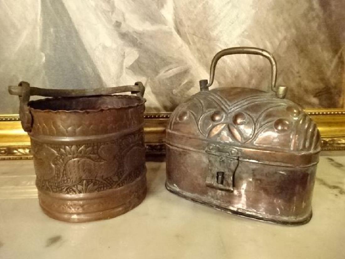 2 PC VINTAGE BRASS AND COPPER BUCKET AND BOX WITH (1 of 6)
