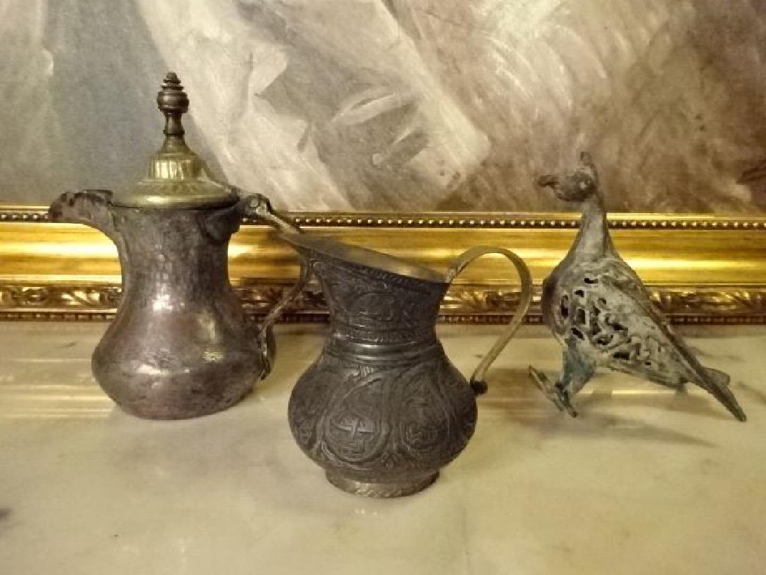 3 PC VINTAGE MIDDLE EASTERN BRASS PITCHERS AND BIRD (1 of 5)