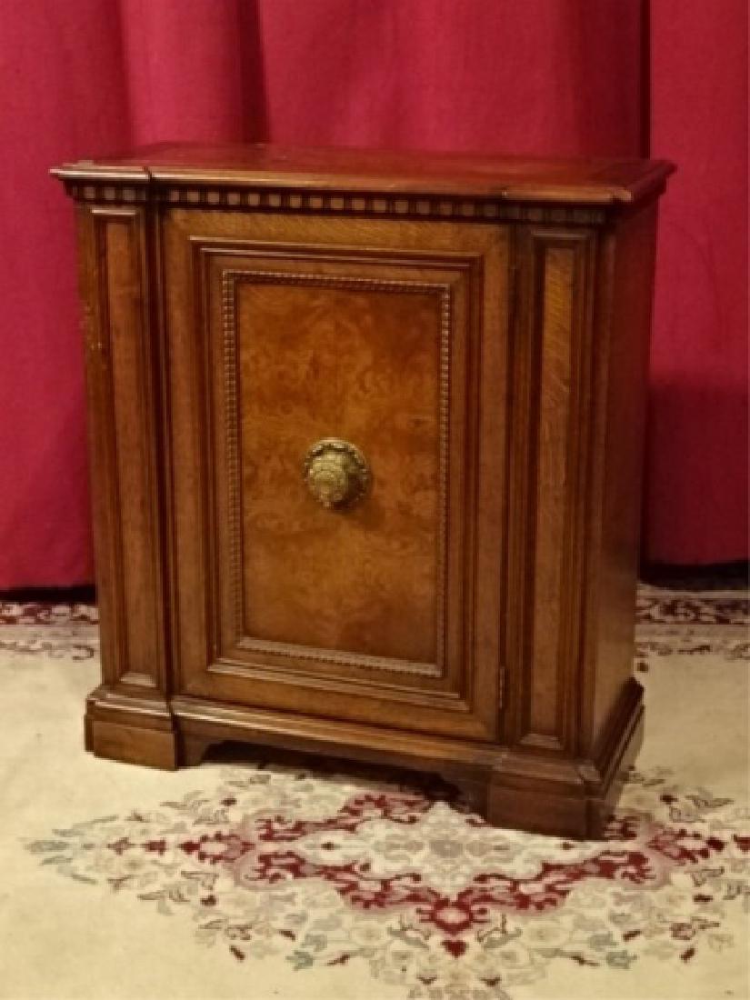 BURL WOOD CABINET, SINGLE DRAWER, BRASS PULL, WOOD: BURL WOOD CABINET, SINGLE DRAWER, BRASS PULL, WOOD SHELF, VERY GOOD CONDITION, 30"H X 27"W X 13"D, SKU523.36 P30