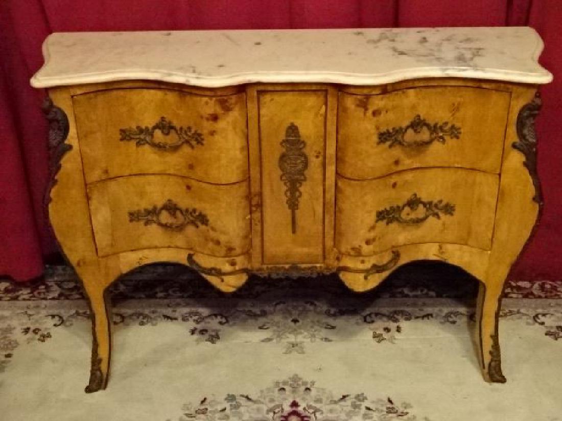 LOUIS XV STYLE BOMBE CHEST, MARBLE TOP, BURL WOOD , (1 of 7)