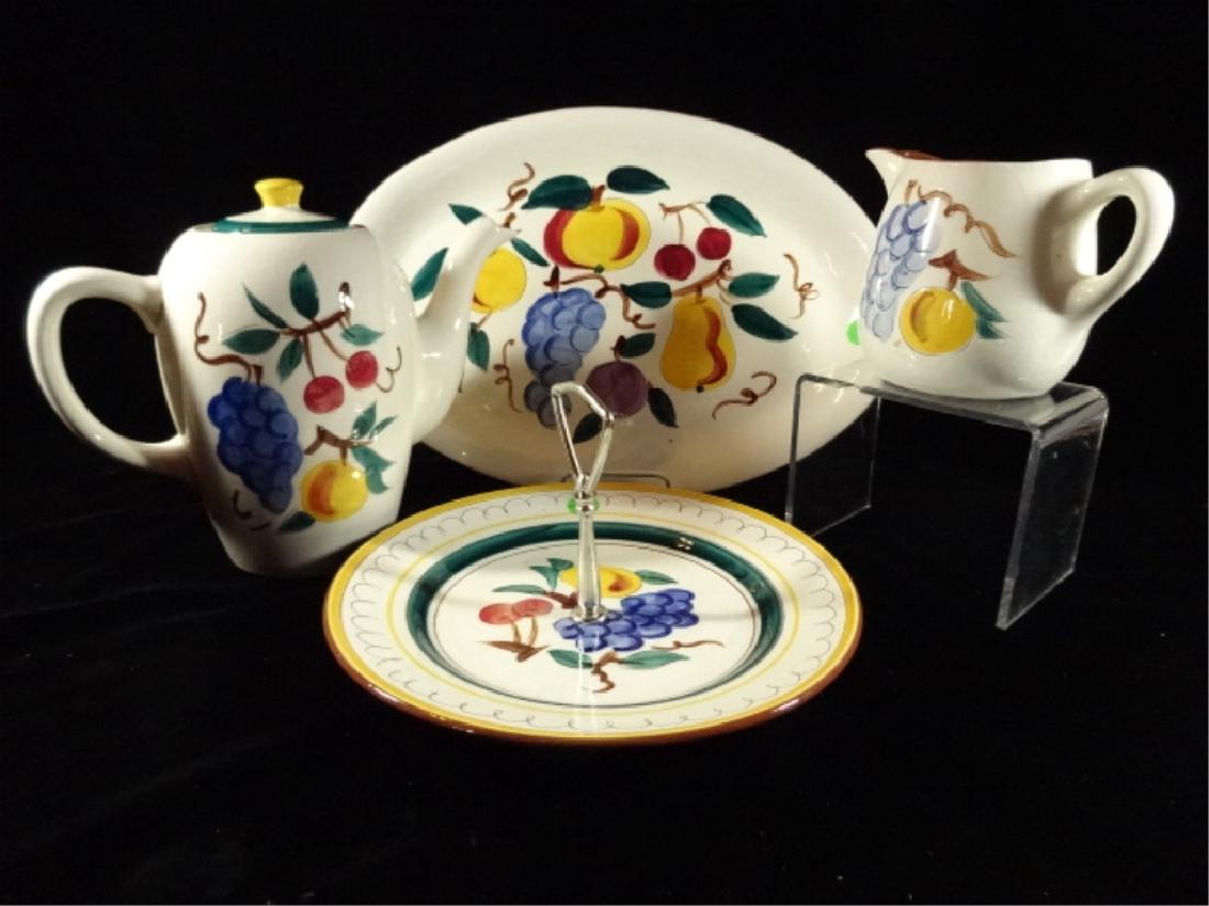 4 PC SET STANGL HAND PAINTED SERVEWARE, FRUIT DESIGNS,: 4 PC SET STANGL HAND PAINTED SERVEWARE, FRUIT DESIGNS, INCLUDES COFFEE POT, OVAL PLATTER, CREAMER, AND ROUND SERVING DISH, VERY GOOD CONDITION, MARKED, PLATTER IS 15", OTHERS PIECES 6" - 9", SKU581.21