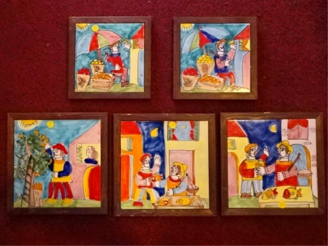 6 PC ITALIAN HAND PAINTED TILES, FRAMED SCENES (1 of 8)