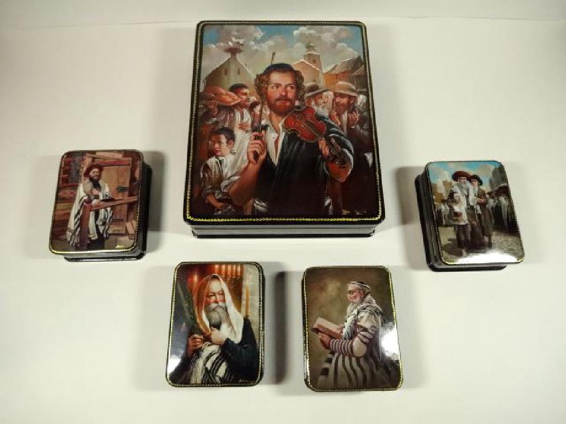 5 PC RUSSIAN JUDAICA LACQUERED BOXES, HAND PAINTED, (1 of 7)