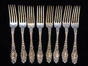 8 ANTIQUE GEO. W. SHIEBLER STERLING SILVER FORKS, FLORA