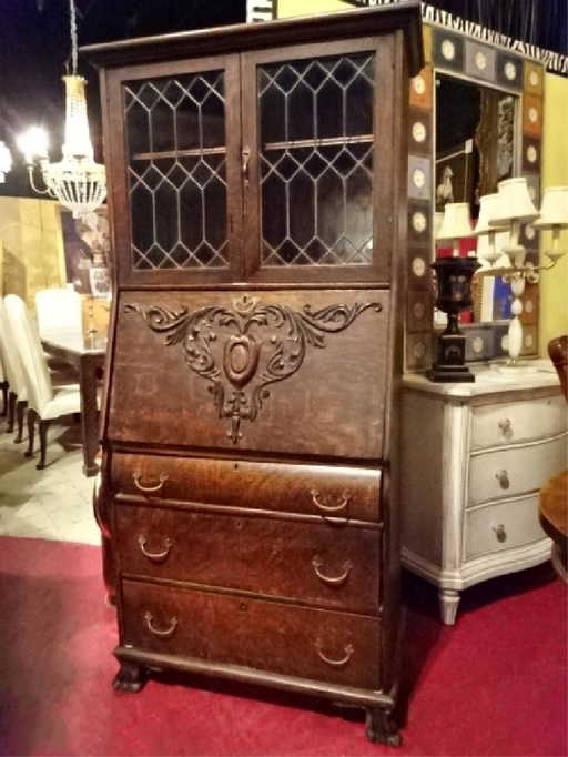 ANTIQUE OAK SECRETARY DESK, DROP FRONT WITH BOOKCASE - ANTIQUE OAK SECRETARY DESK, DROP FRONT WITH BOOKCASE