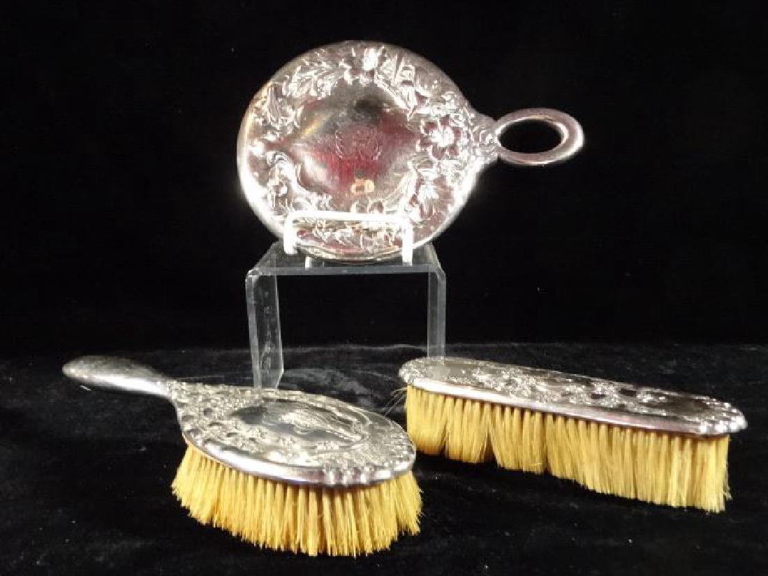 3 PC VINTAGE METAL VANITY SET, MIRROR AND 2 BRUSHES, (1 of 4)
