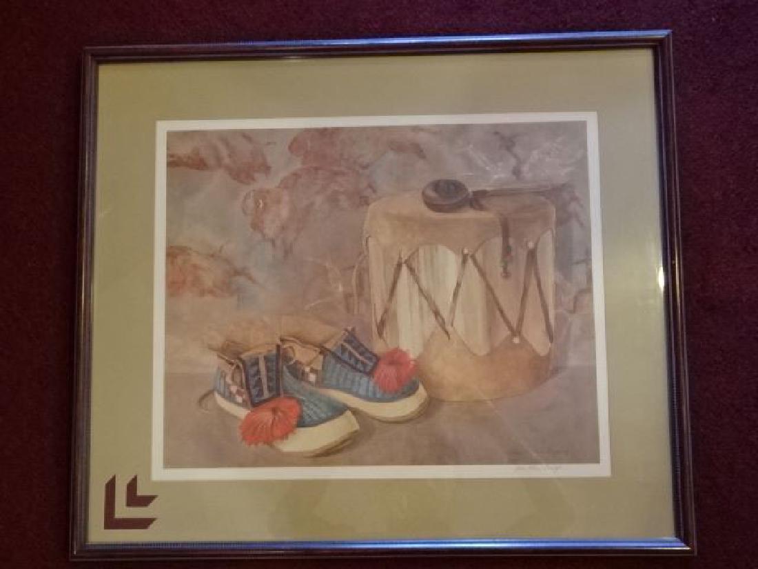 SUE ELLEN COOPER LITHOGRAPH, MOCCASINS AND DRUM, PENCIL: SUE ELLEN COOPER LITHOGRAPH, MOCCASINS AND DRUM, PENCIL SIGNED LOWER RIGHT AND SIGNED IN THE PLATE, FRAMED SIZE 28" X 24", SKU529