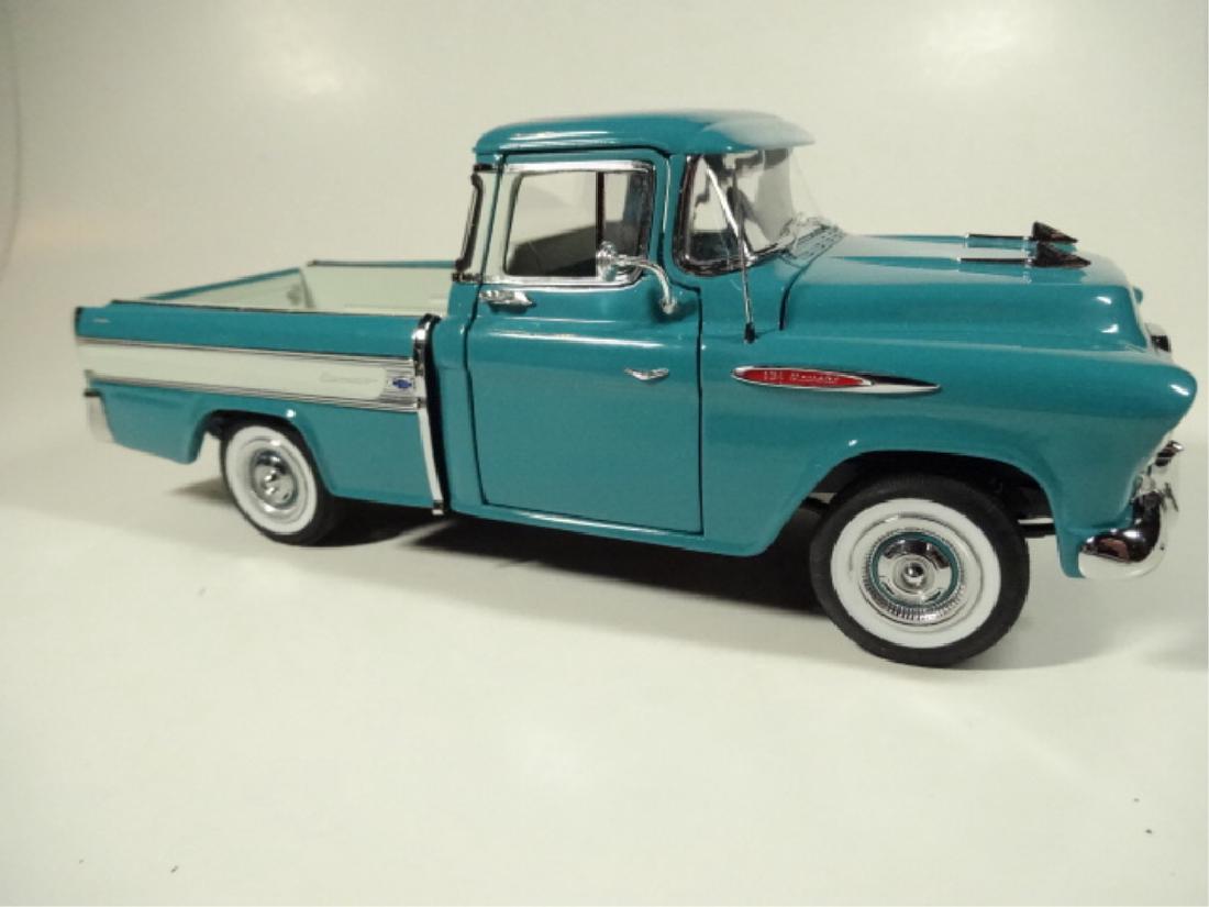 1957 CHEVROLET CAMEO CARRIER PICKUP TRUCK, MINT: 1957 CHEVROLET CAMEO CARRIER PICKUP TRUCK, MINT CONDITION, DIECAST CAR BY DANBURY MINT, WITH CERTIFICATE, CAR MEASURES APPROX 8"; WITH BOX APPROX 11" X 5.5" X 5.5", SKU613-99