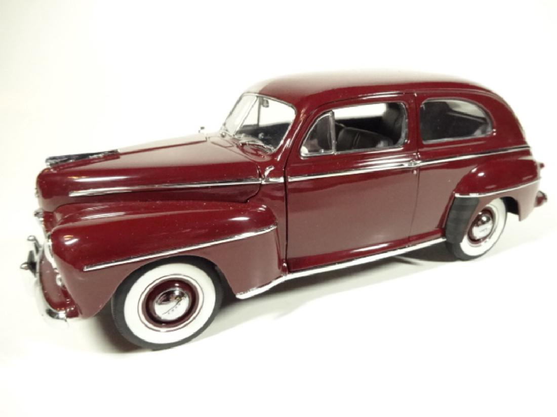 1947 FORD SUPER DELUXE TUDOR SEDAN, MISSING REAR VIEW: 1947 FORD SUPER DELUXE TUDOR SEDAN, MISSING REAR VIEW MIRROR, DIECAST CAR BY DANBURY MINT, WITH CERTIFICATE, CAR MEASURES APPROX 8"; WITH BOX APPROX 11.5" X 6" X 6.5", SKU613-92
