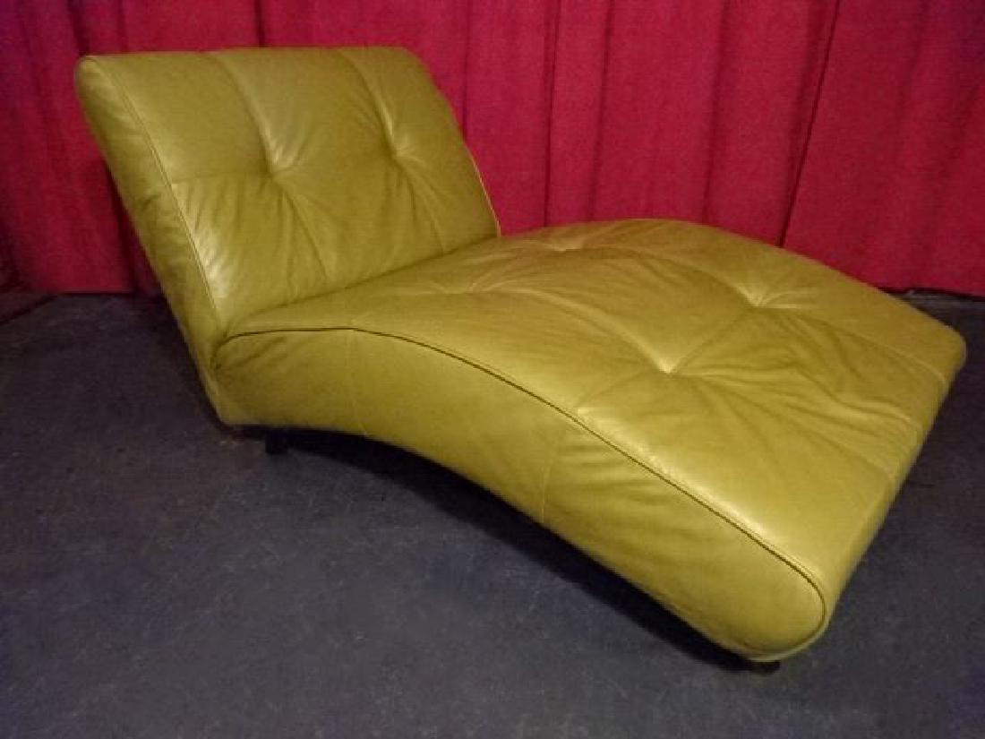 MODERN LEATHER CHAISE BY EQ3, TUFTED OLIVE LEATHER,: MODERN LEATHER CHAISE BY EQ3, TUFTED OLIVE LEATHER, DARK FINISH WOOD LEGS, #1 OF TWO IDENTICAL CHAISES AVAILABLE THIS AUCTION, VERY GOOD CONDITION, 60"W X 32"H X 30"D, SKU602.01