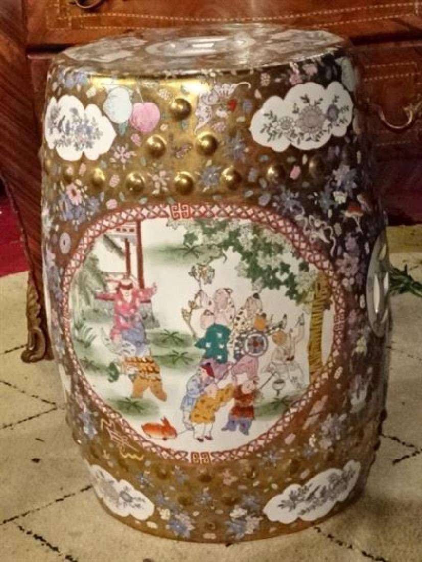 CHINESE GILT AND PAINTED PORCELAIN GARDEN STOOL,: CHINESE GILT AND PAINTED PORCELAIN GARDEN STOOL, PAINTED FIGURAL SCENES AND FLORALS, VERY GOOD CONDITION, 16.5"H X 13"W, SKU622.11
