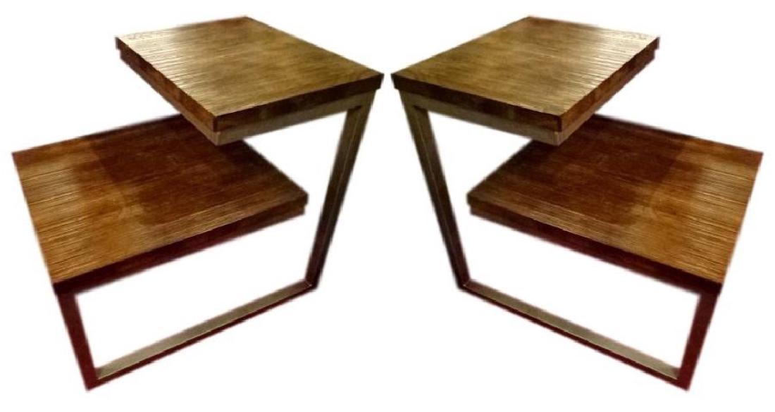 PAIR WOOD AND STEEL TABLES, 2 TIERS, MODERN DESIGN, (1 of 6)