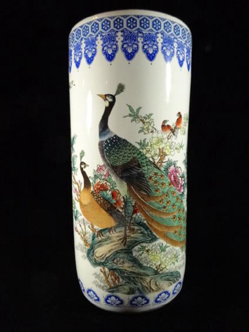 CHINESE PORCELAIN UMBRELLA STAND, PAINTED PEACOCKS AND: CHINESE PORCELAIN UMBRELLA STAND, PAINTED PEACOCKS AND FLORALS, VERY GOOD CONDITION, APPROX 24"H, SKU622.17