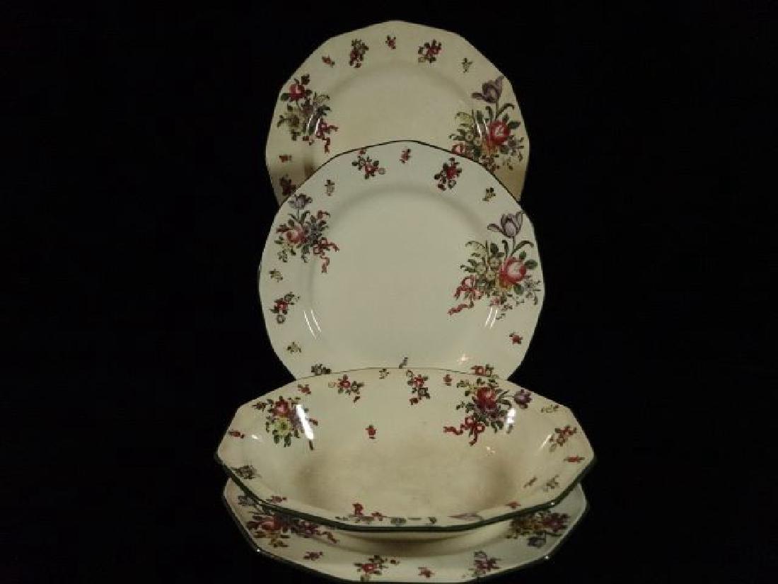 4 PC ROYAL DOULTON OLD LEEDS SPRAYS PORCELAIN SERVEWARE: 4 PC ROYAL DOULTON OLD LEEDS SPRAYS PORCELAIN SERVEWARE CIRCA 1912, INCLUDES 9.5" PLATTER, TWO 9.5" PLATES, AND 10" OVAL BOWL, MARKED WITH ENGLISH RD 597783, ONE PLATE IN VERY GOOD CONDITION, PLATTER