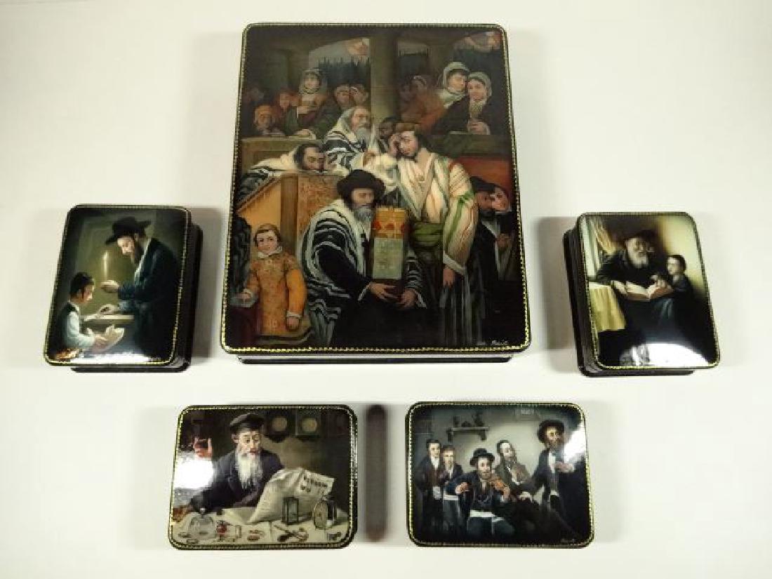 5 PC RUSSIAN JUDAICA LACQUERED BOXES, HAND PAINTED, (1 of 14)