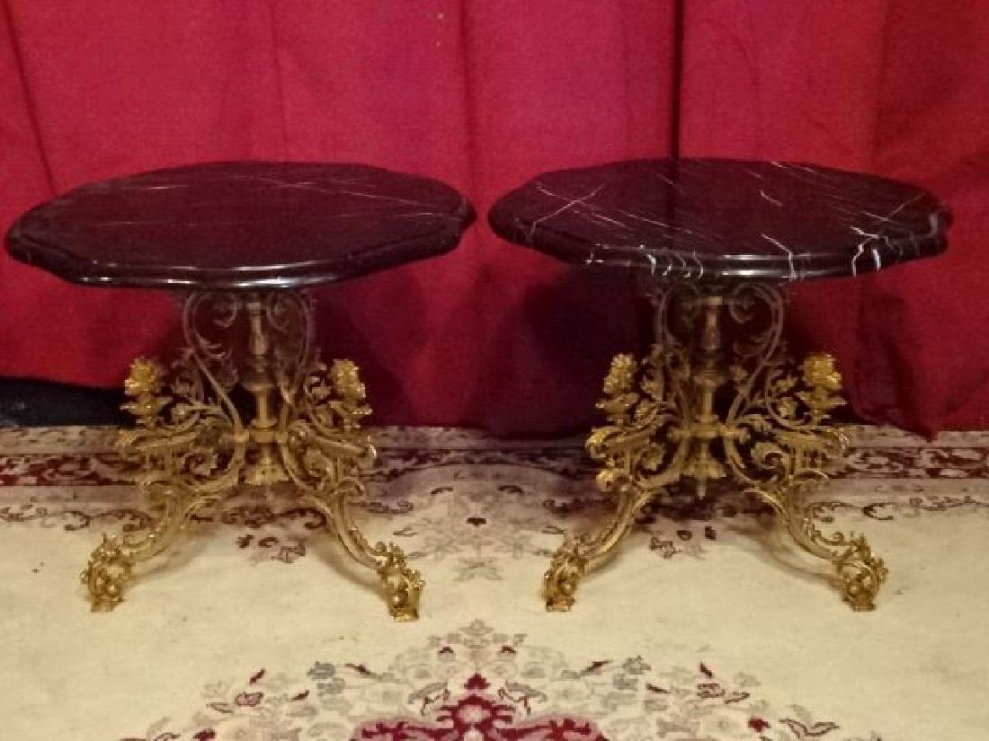PAIR MARBLE AND BRASS TABLES, BEVELED BLACK MARBLE TOPS (1 of 8)