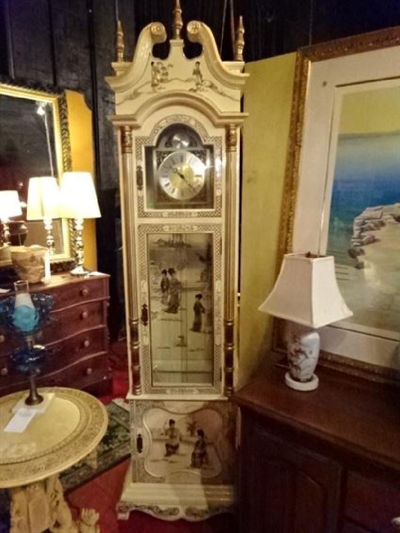 CHINESE WHITE LACQUER GRANDFATHER CLOCK, PAINTED (1 of 14)