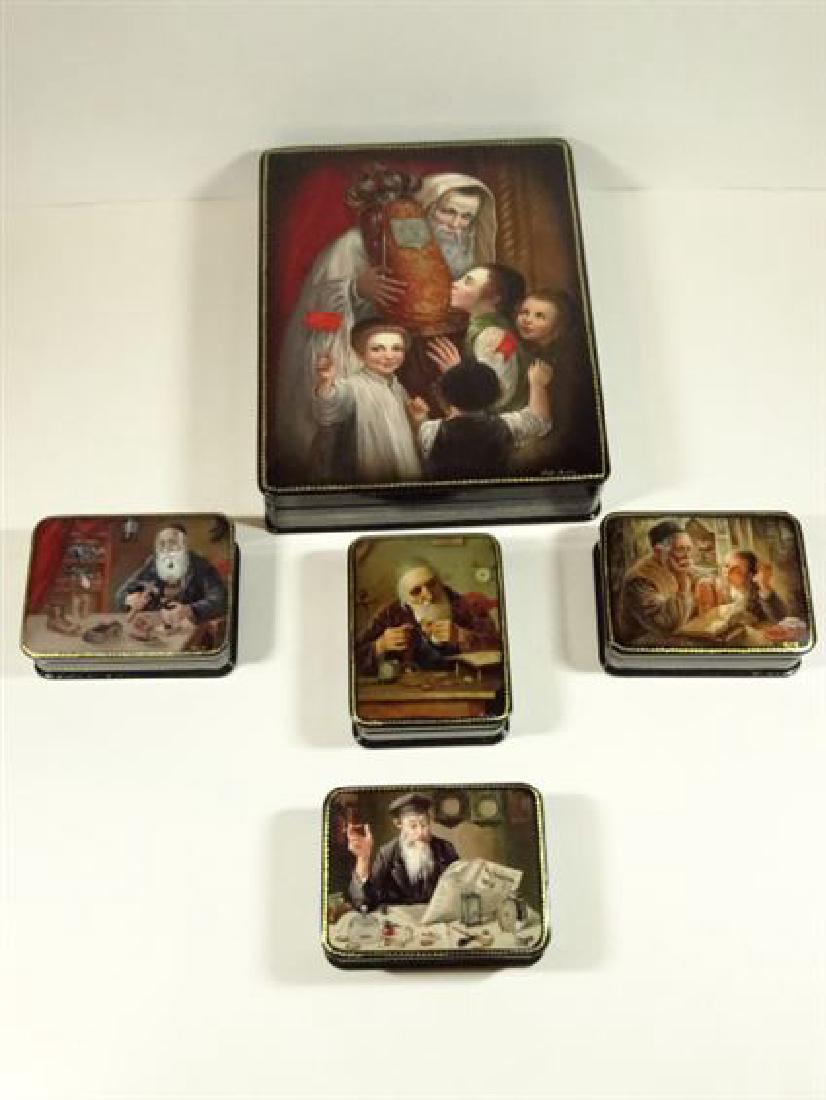 5 PC RUSSIAN JUDAICA LACQUERED BOXES, HAND PAINTED, (1 of 18)
