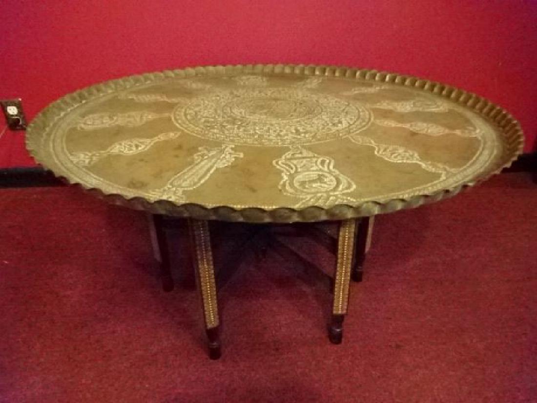 MOROCCAN BRASS AND WOOD TABLE, ETCHED BRASS TRAY TOP (1 of 5)