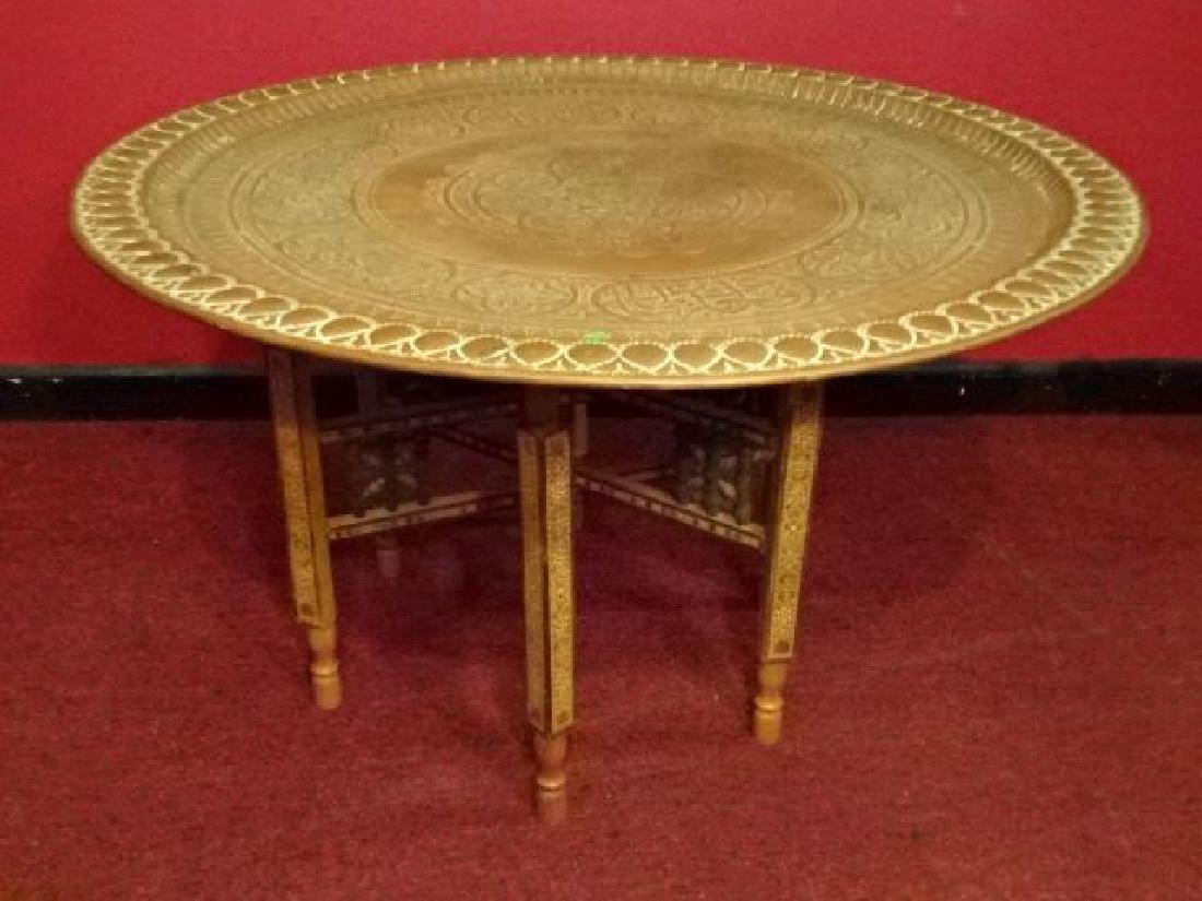 MOROCCAN BRASS AND WOOD TABLE, ETCHED BRASS TRAY TOP (1 of 5)