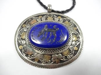 TIBETAN CARVED LAPIS PENDANT, APPROX 2.25" X 2.75"