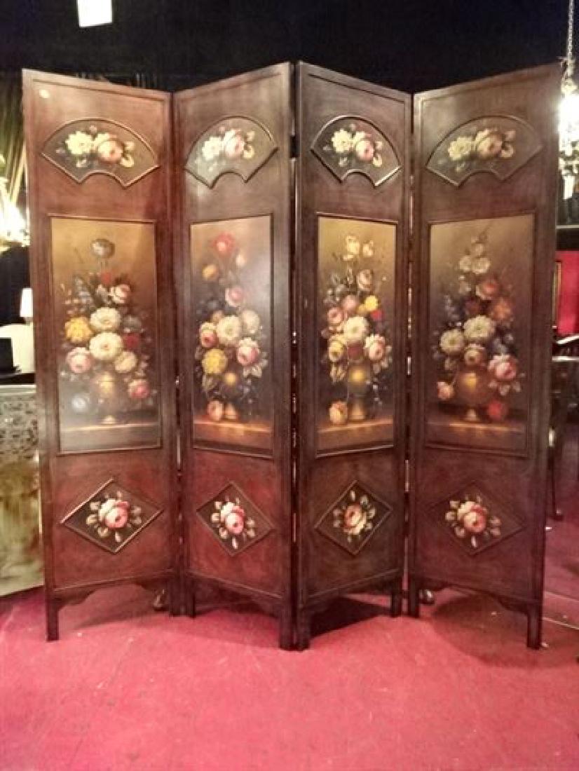 4 PANEL FLOOR SCREEN WITH FLORAL PRINT, WOOD FRAME, (1 of 8)