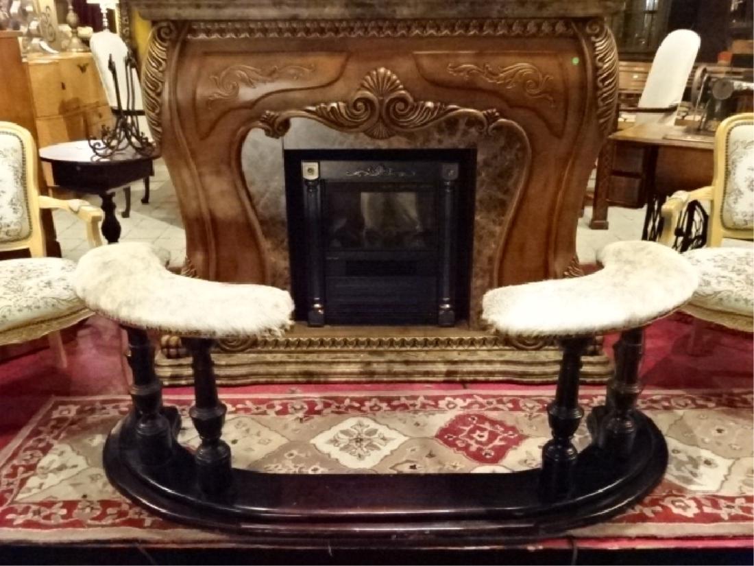 VINTAGE WOOD FIREPLACE BENCH, NATURAL HIDE SEATS, (1 of 8)