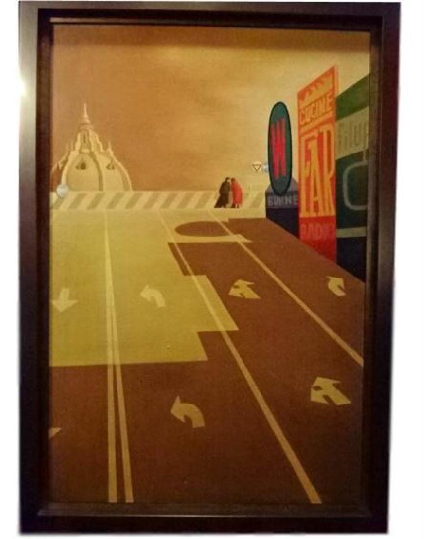 AFTER JEFFREY SMART OIL PAINTING ON CANVAS, FINE: AFTER JEFFREY SMART OIL PAINTING ON CANVAS, FINE QUALITY REPRODUCTION, MODERNIST SCENE, 2 FIGURES ON BRIDGE, EXCELLENT CONDITION, FRAMED SIZE 46.75" X 62.5", SKU2623 H400