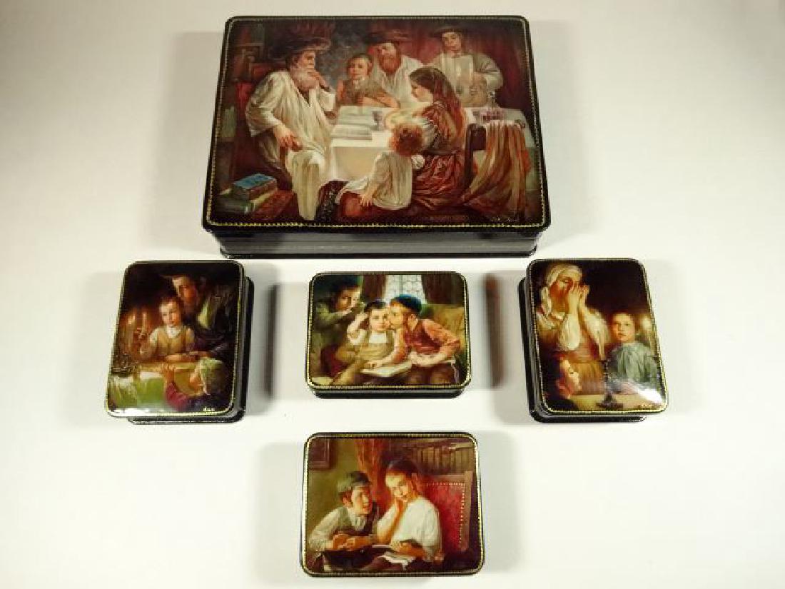 5 PC RUSSIAN JUDAICA LACQUERED BOXES, HAND PAINTED, (1 of 7)