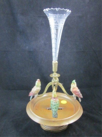 ANTIQUE VIENNA BRONZE EPERGNE CENTERPIECE MOUNTED W: ANTIQUE VIENNA BRONZE EPERGNE CENTERPIECE MOUNTED WITH AN ETCHED AND CUT CRYSTAL VASE AND 4 COUNTERWEIGHT POLYCHROME VIENNA BRONZE PARROTS, APPROX. 12 ½” HIGH