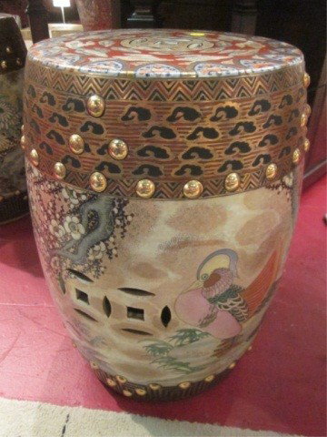 #2 OF TWO AVAILABLE MATCHING CHINESE HANDPAINTED PO: #2 OF TWO AVAILABLE MATCHING CHINESE HANDPAINTED PORCELAIN GARDEN STOOLS WITH GOLD ACCENTS, BIRDS, AND FLOWERS - APPROX 22"H - EACH STOOL SOLD SEPARATELY