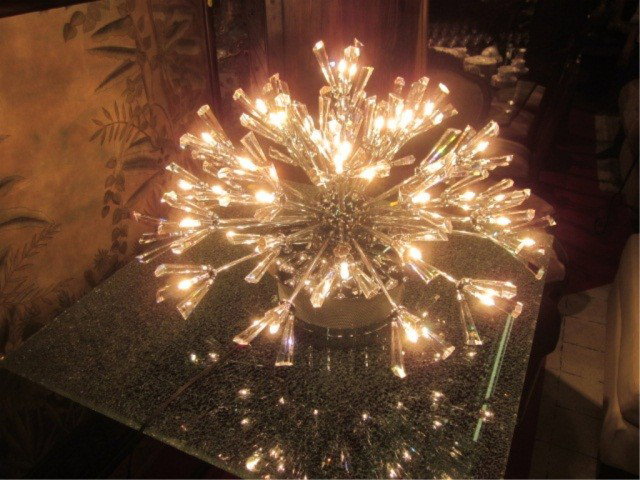 NEW, NEVER USED CONTEMPORARY LEAD CRYSTAL FLUSH MOU: NEW, NEVER USED CONTEMPORARY LEAD CRYSTAL FLUSH MOUNT CEILING LAMP, EACH ARM HAS 3 FACETED CRYSTALS SURROUND HALOGEN BULBS, APPROX 22" ROUND