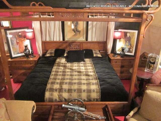 IMMACULATE HICKORY-WHITE KING FOUR POSTER CANOPY B: IMMACULATE HICKORY-WHITE KING FOUR POSTER CANOPY BEDROOM INCLUDES COMPLETE BED, CURTAINS, 2 NIGHTSTANDS, AND DRESSER - KING PILLOWTOP MATTRESS SOLD SEPARATELY