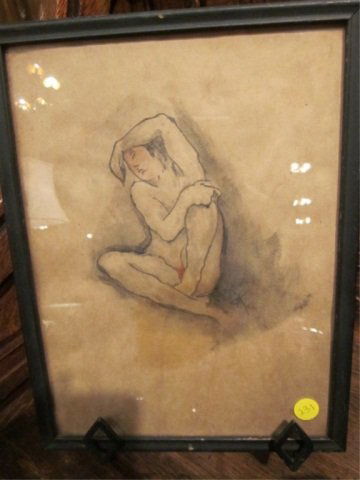 GEORG KOLBE (GERMAN, 1877-1947) - PEN & COLOR WASH: GEORG KOLBE (GERMAN, 1877-1947) - PEN & COLOR WASH DRAWING OF A NUDE WOMAN, SIGNED LOWER RIGHT, FRAMED APPROX. 13" HIGH X 10" WIDE