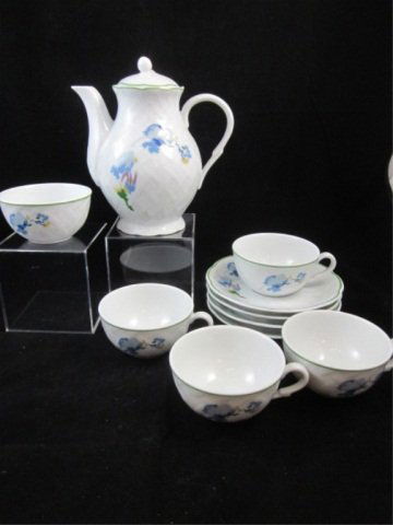 BERNARDAUD LIMOGES FRANCE "FLEURS DE BAUMANIERE" C: BERNARDAUD LIMOGES FRANCE "FLEURS DE BAUMANIERE" COFFEE POT, FOUR CUPS, FOUR SAUCERS & OPEN SUGAR