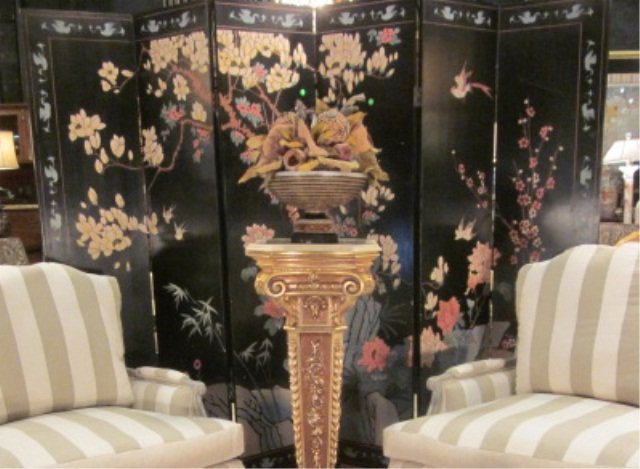 6 PANEL BLACK LACQUER HANDPAINTED CHINESE FLOOR SCR: 6 PANEL BLACK LACQUER HANDPAINTED CHINESE FLOOR SCREEN, 6 FT TALL