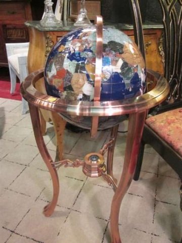 GEMSTONE GLOBE ON COPPER STAND WITH INSET COMPASS,: GEMSTONE GLOBE ON COPPER STAND WITH INSET COMPASS, APPROX 3 FT HIGH