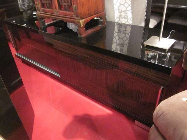 MACASSAR EBONY AND BLACK LACQUER FLAT SCREEN TV AN: MACASSAR EBONY AND BLACK LACQUER FLAT SCREEN TV AND ENTERTAINMENT CONSOLE, SLIDING GLASS AND MACASSAR EBONY DOORS, APPROX 6 FT LONG