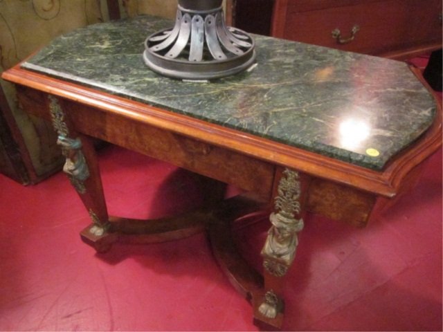 VINTAGE COFFEE TABLE WITH GREEN MARBLE TOP AND ORM: VINTAGE COFFEE TABLE WITH GREEN MARBLE TOP AND ORMOLU, EXCELLENT CONDITION, APPROX 4 FT LONG