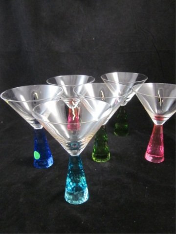 SET OF SIX MARTINI GLASSES WITH FACETED JEWEL COLO: SET OF SIX MARTINI GLASSES WITH FACETED JEWEL COLOR STEMS, APPROX 6 3/4" HIGH