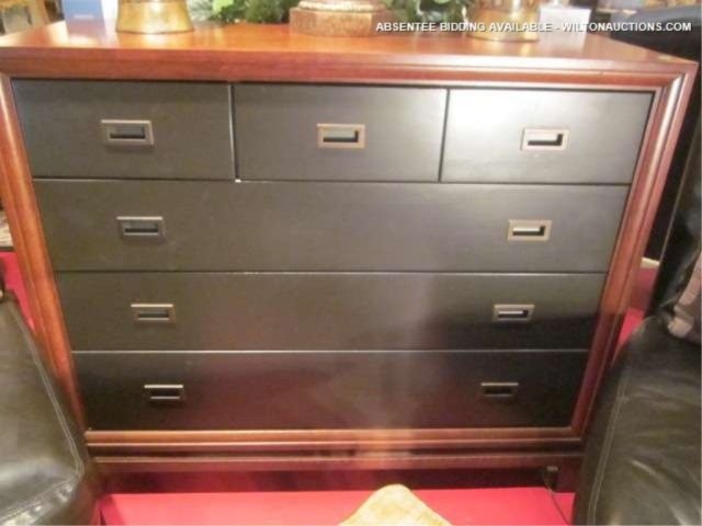NEW, NEVER USED CONTEMPORARY 5 DRAWER CHEST BY STAN: NEW, NEVER USED CONTEMPORARY 5 DRAWER CHEST BY STANLEY FURNITURE, DARK CHOCOLATE FINISH FRONT WITH MEDIUM FINISH TOP AND SIDES, APPROX 4' LONG