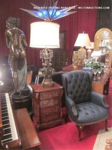 TUFTED WINGBACK CHAIR WITH NAILHEAD TRIM IN STEEL B: TUFTED WINGBACK CHAIR WITH NAILHEAD TRIM IN STEEL BLUE, EXCELLENT CONDITION