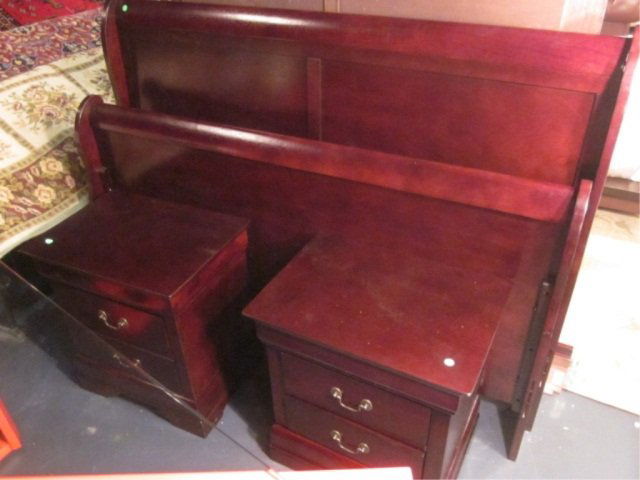 QUEEN DARK WOOD BEDROOM SET - INCLUDES SLEIGH HEADB: QUEEN DARK WOOD BEDROOM SET - INCLUDES SLEIGH HEADBOARD, FOOTBOARD, RAILS, PAIR OF NIGHTSTANDS