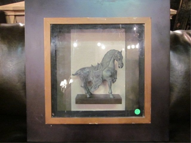CHINESE TANG STYLE BRONZE HORSE IN SHADOW BOX, HOR: CHINESE TANG STYLE BRONZE HORSE IN SHADOW BOX, HORSE MEASURES APPROX 8" X 7", FRAMED MEASURES APPROX 21" X 22