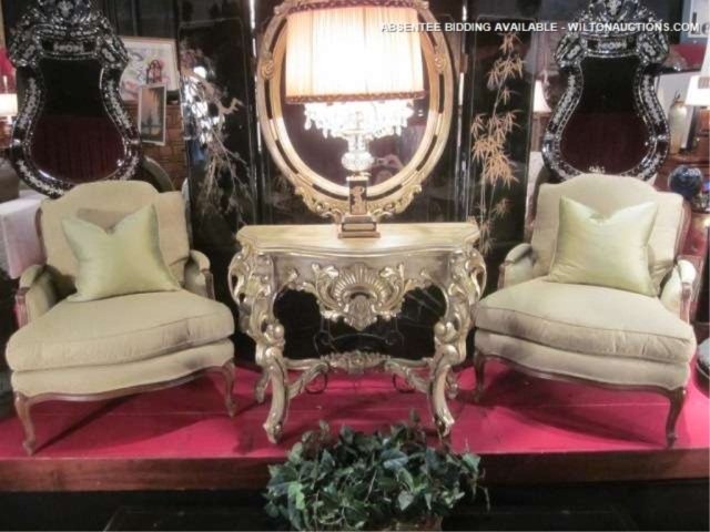 PAIR OF FRENCH LOUIS XV STYLE BERGERE CHAIRS BY SHE: PAIR OF FRENCH LOUIS XV STYLE BERGERE CHAIRS BY SHERRILL FURNITURE, PALE GREEN UPHOLSTERY, MEDIUM WOOD FINISH