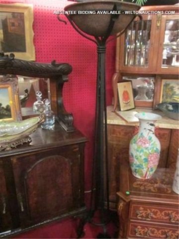 METAL TORCHIERE STYLE FLOOR LAMP WITH RUSTIC FINIS: METAL TORCHIERE STYLE FLOOR LAMP WITH RUSTIC FINISH, APPROX 6.5 FT TALL