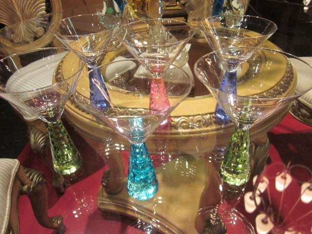 SET OF 6 ART GLASS MARTINI GLASSES WITH MULTICOLOR : SET OF 6 ART GLASS MARTINI GLASSES WITH MULTICOLOR STEMS, APPROX 6 3/4" HIGH